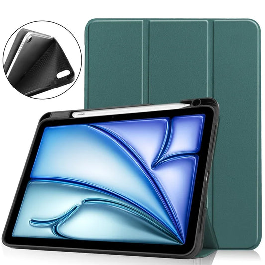 For iPad Air 11 (2024) Case Tri-fold Stand Protective Tablet Cover with Pen Slotish Green