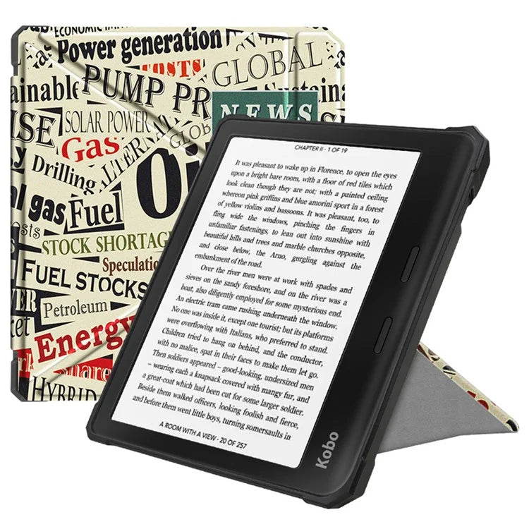 For Kobo Libra 2 N418 E-Reader Case Pattern Printing Origami Stand TPU+PU Leather Tablet Cover