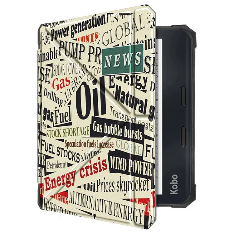 For Kobo Libra 2 N418 E-Reader Case Pattern Printing Origami Stand TPU+PU Leather Tablet Cover