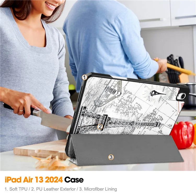For iPad Air 13 (2024) Case Pattern Printing Tri-fold Stand Leather Cover with Pen Slot