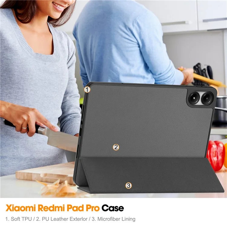 For Xiaomi Redmi Pad Pro / Redmi Pad Pro 5G / Poco Pad Tablet Case Tri-Fold Stand Shock-Absorbent Leather Cover with Pen Slot