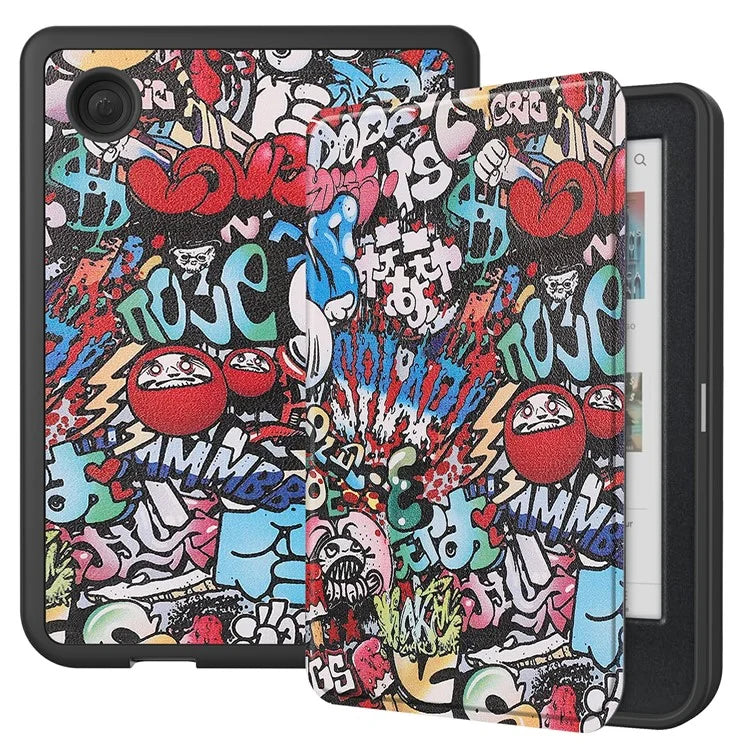 For Kobo Clara Colour Case Pattern Printing PU Leather Folio E-reader Cover with Auto Sleep / Wake Function