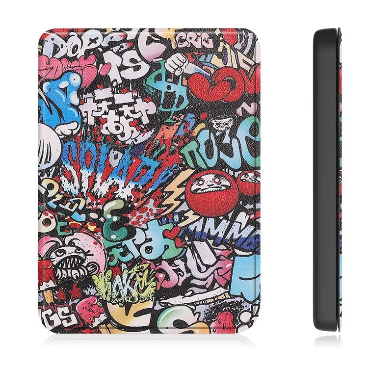 For Kobo Clara Colour Case Pattern Printing PU Leather Folio E-reader Cover with Auto Sleep / Wake Function