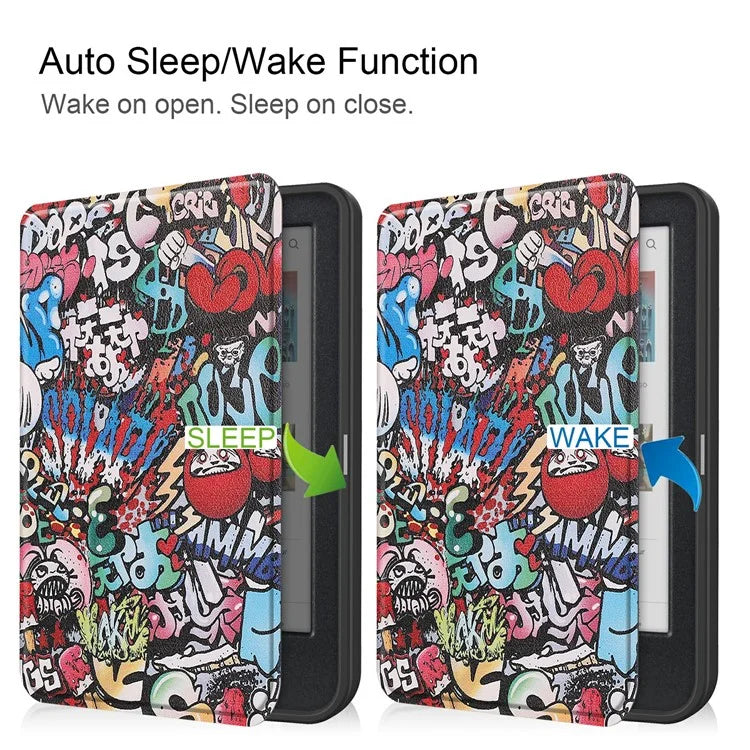 For Kobo Clara Colour Case Pattern Printing PU Leather Folio E-reader Cover with Auto Sleep / Wake Function