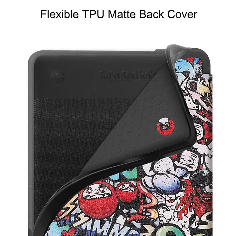 For Kobo Clara Colour Case Pattern Printing PU Leather Folio E-reader Cover with Auto Sleep / Wake Function