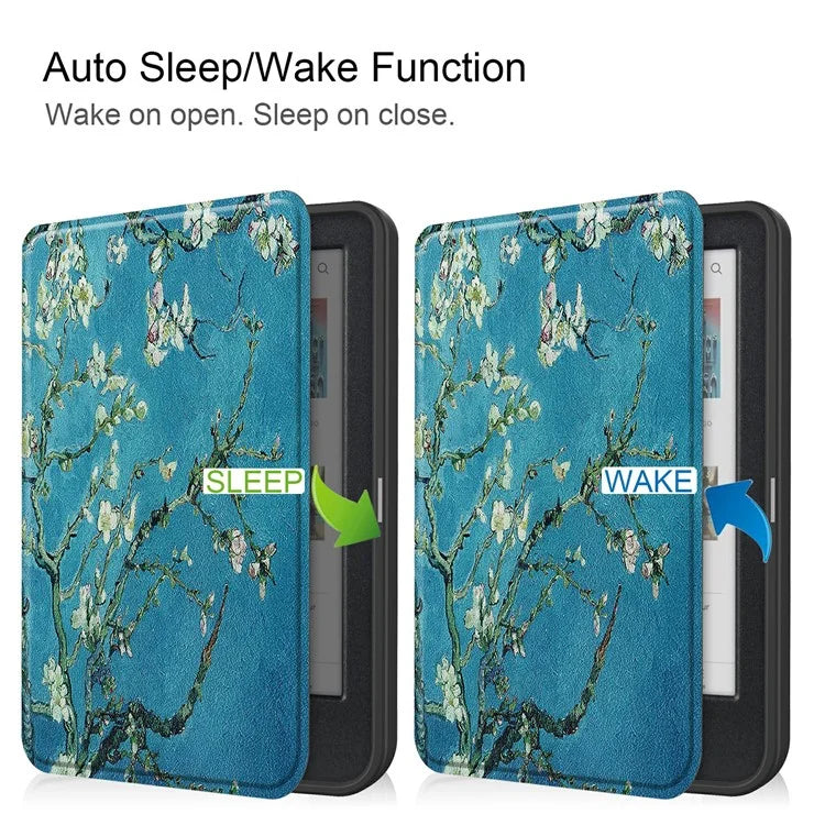 For Kobo Clara Colour Case Pattern Printing PU Leather Folio E-reader Cover with Auto Sleep / Wake Function