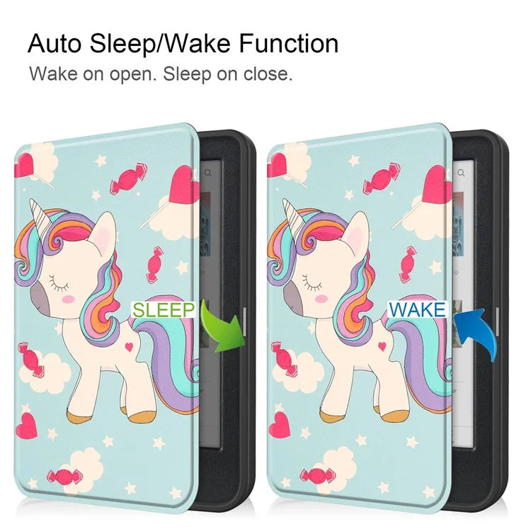 For Kobo Clara Colour Case Pattern Printing PU Leather Folio E-reader Cover with Auto Sleep / Wake Function