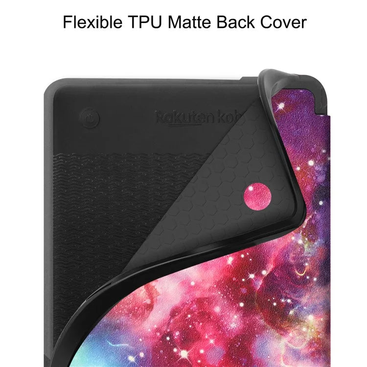 For Kobo Clara Colour Case Pattern Printing PU Leather Folio E-reader Cover with Auto Sleep / Wake Function