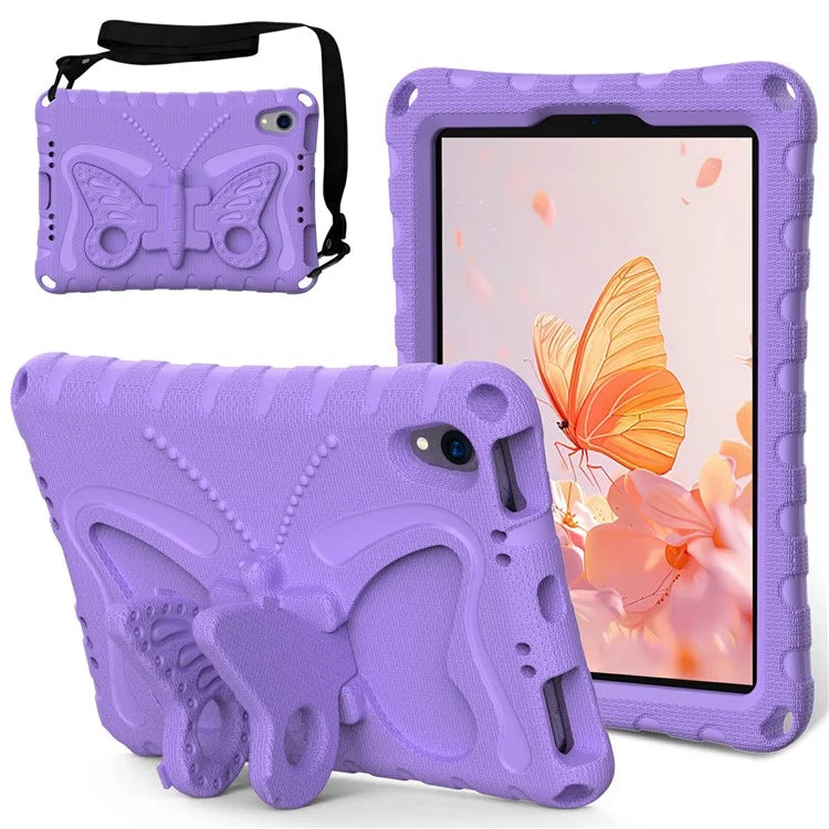 For iPad mini (2021) Case with Shoulder Strap Butterfly Kickstand Tablet EVA Cover