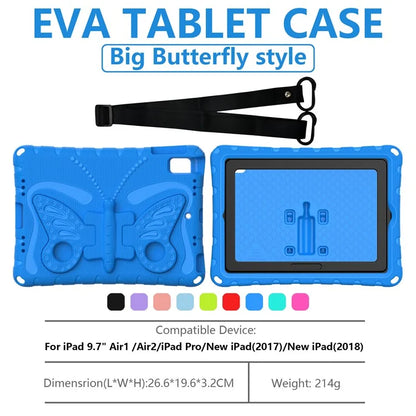 For iPad Air (2013) / Air 2 / iPad 9.7-inch (2017) / (2018) EVA Case Butterfly Kickstand Tablet Cover with Shoulder Strap