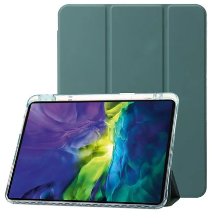For iPad Pro 11 (2024) Case Clear Back PU Leather Tri-fold Stand Cover with Pencil Holderish Green