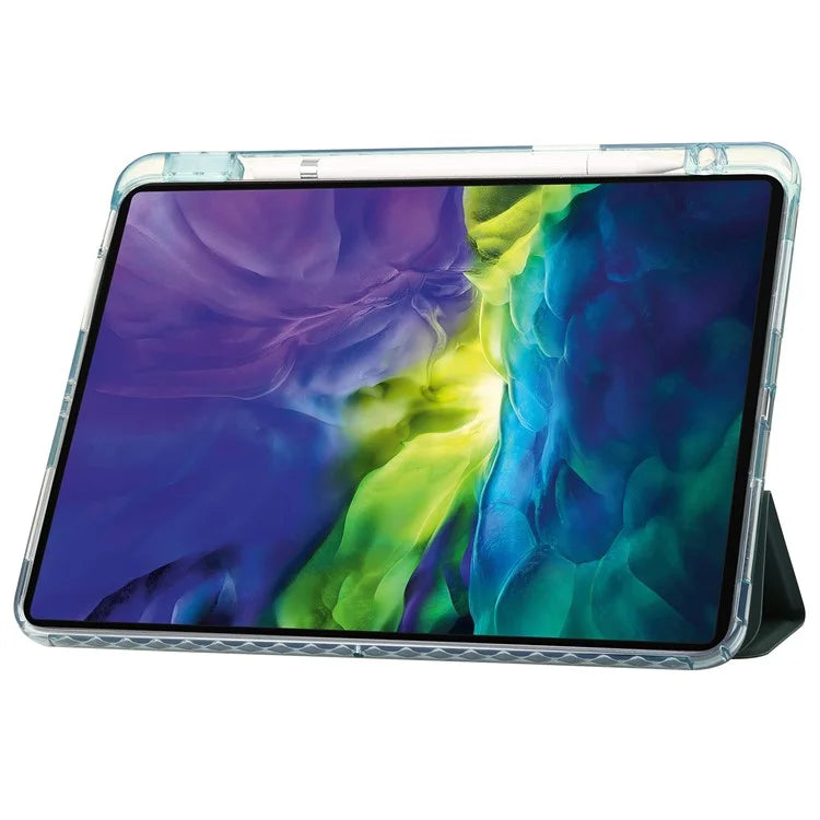 For iPad Pro 11 (2024) Case Clear Back PU Leather Tri-fold Stand Cover with Pencil Holderish Green