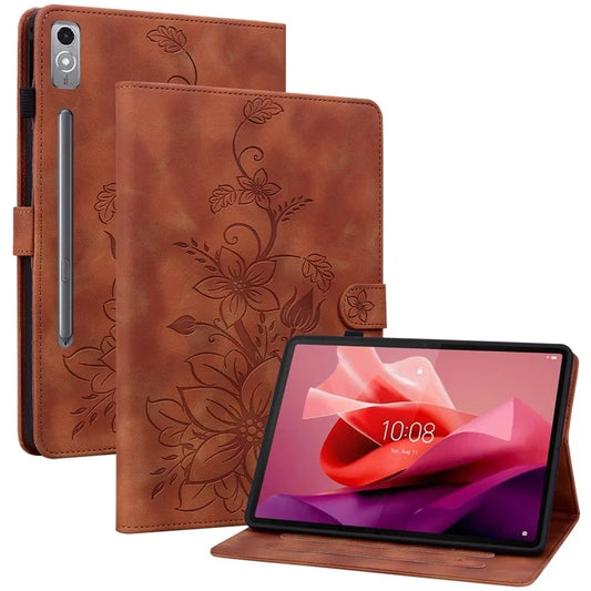 For Lenovo Tab P12 Case Lily Flower Leather Tablet Cover with Card Slots Stand