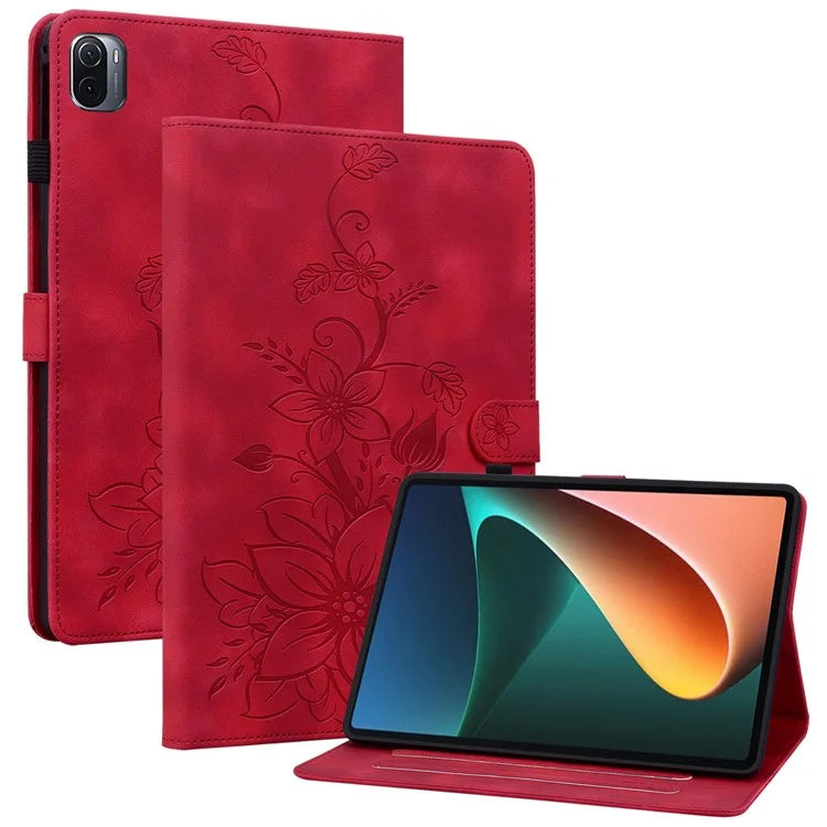 For Xiaomi Pad 5 / Pad 5 Pro Case Lily Flower Imprint PU Leather Stand Tablet Shell
