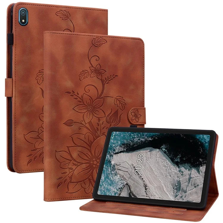 For Nokia T20 Case PU Leather Lily Flower Imprinted Folio Stand Protective Cover