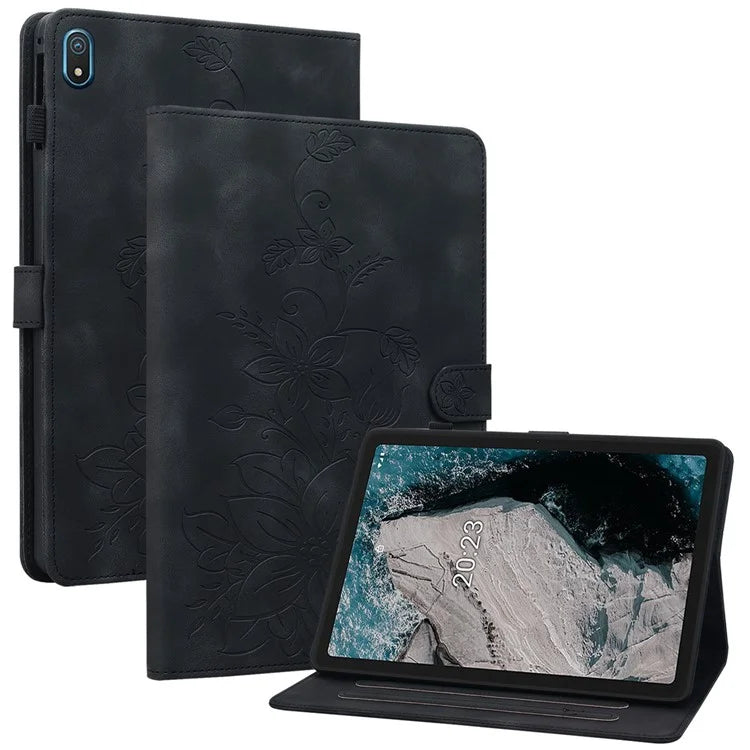 For Nokia T20 Case PU Leather Lily Flower Imprinted Folio Stand Protective Cover