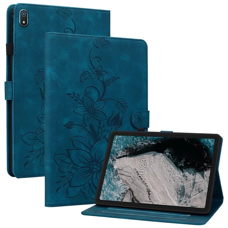 For Nokia T20 Case PU Leather Lily Flower Imprinted Folio Stand Protective Cover
