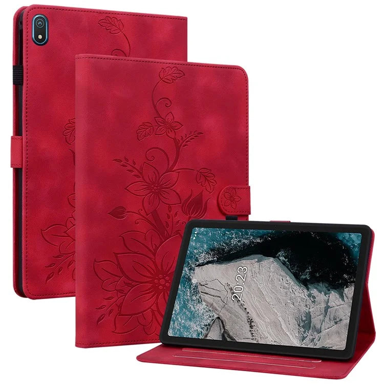For Nokia T20 Case PU Leather Lily Flower Imprinted Folio Stand Protective Cover