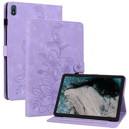 For Nokia T20 Case PU Leather Lily Flower Imprinted Folio Stand Protective Cover