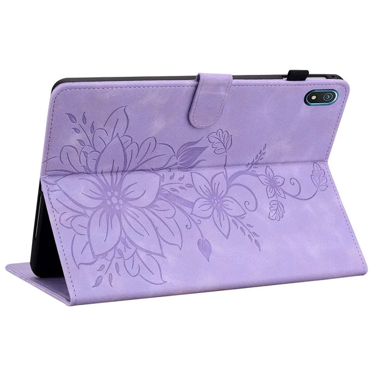 For Nokia T20 Case PU Leather Lily Flower Imprinted Folio Stand Protective Cover
