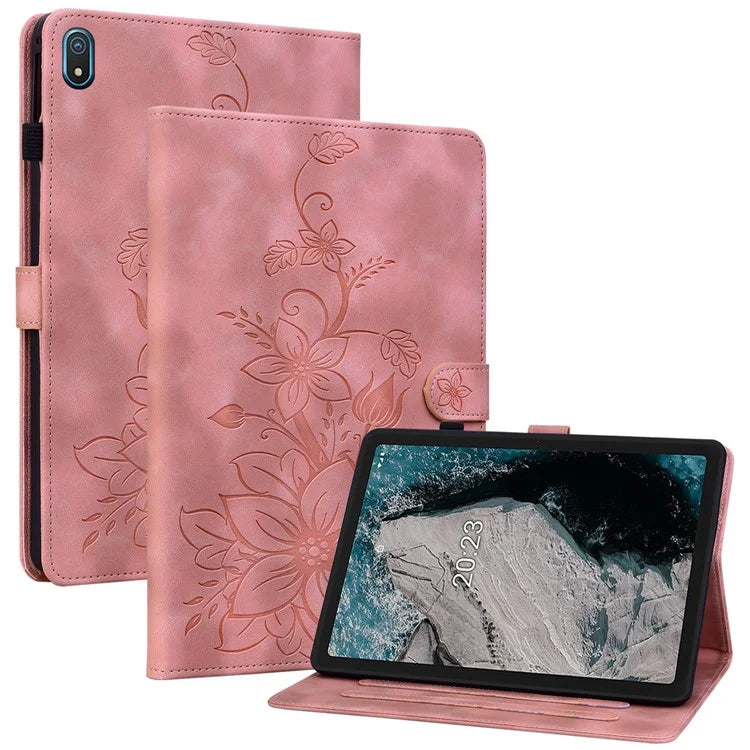 For Nokia T20 Case PU Leather Lily Flower Imprinted Folio Stand Protective Cover
