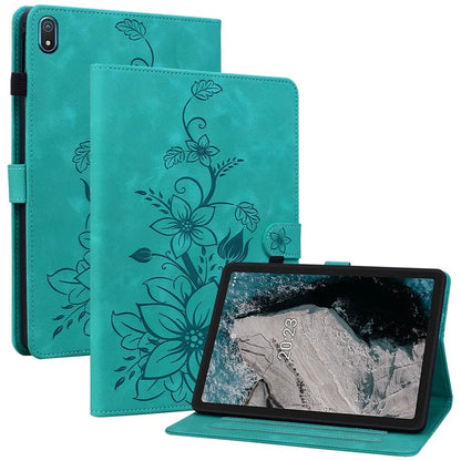 For Nokia T20 Case PU Leather Lily Flower Imprinted Folio Stand Protective Cover