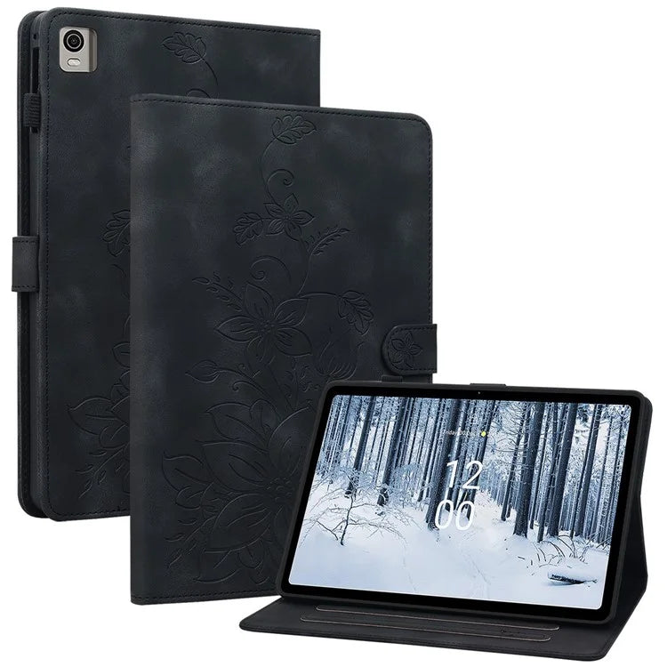 For Nokia T21 Protective Case Lily Flower Imprint PU Leather Card Slots Tablet Cover