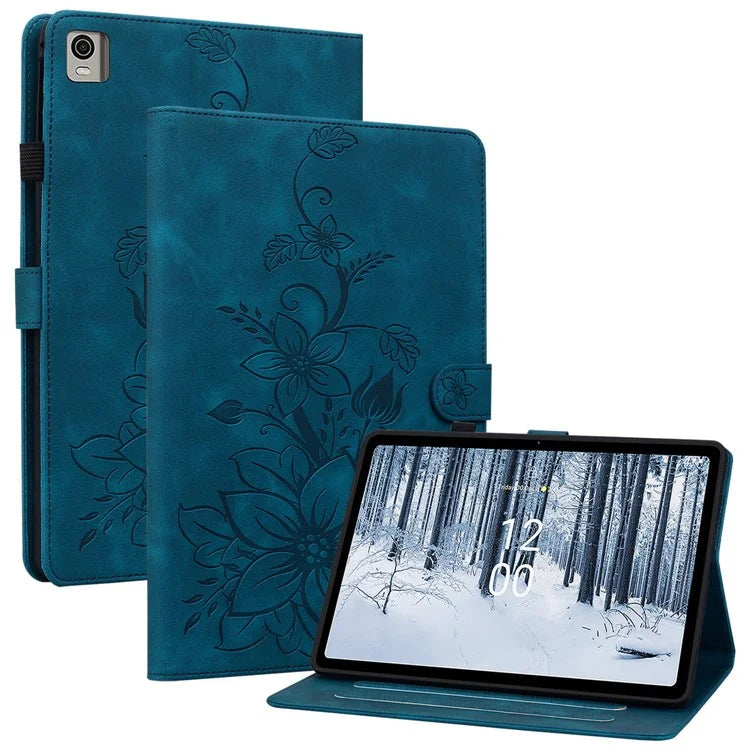For Nokia T21 Protective Case Lily Flower Imprint PU Leather Card Slots Tablet Cover