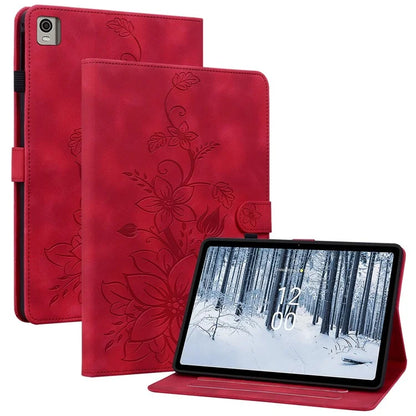 For Nokia T21 Protective Case Lily Flower Imprint PU Leather Card Slots Tablet Cover