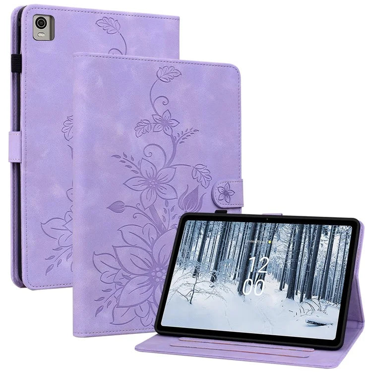 For Nokia T21 Protective Case Lily Flower Imprint PU Leather Card Slots Tablet Cover