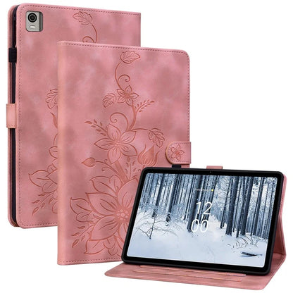 For Nokia T21 Protective Case Lily Flower Imprint PU Leather Card Slots Tablet Cover