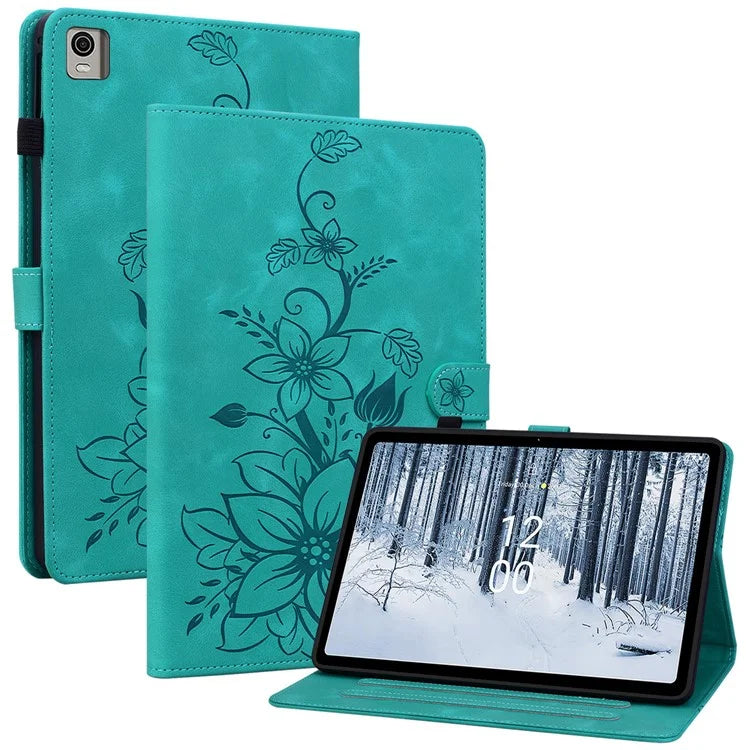 For Nokia T21 Protective Case Lily Flower Imprint PU Leather Card Slots Tablet Cover