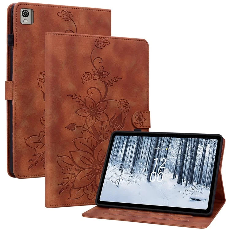 For Nokia T21 Protective Case Lily Flower Imprint PU Leather Card Slots Tablet Cover