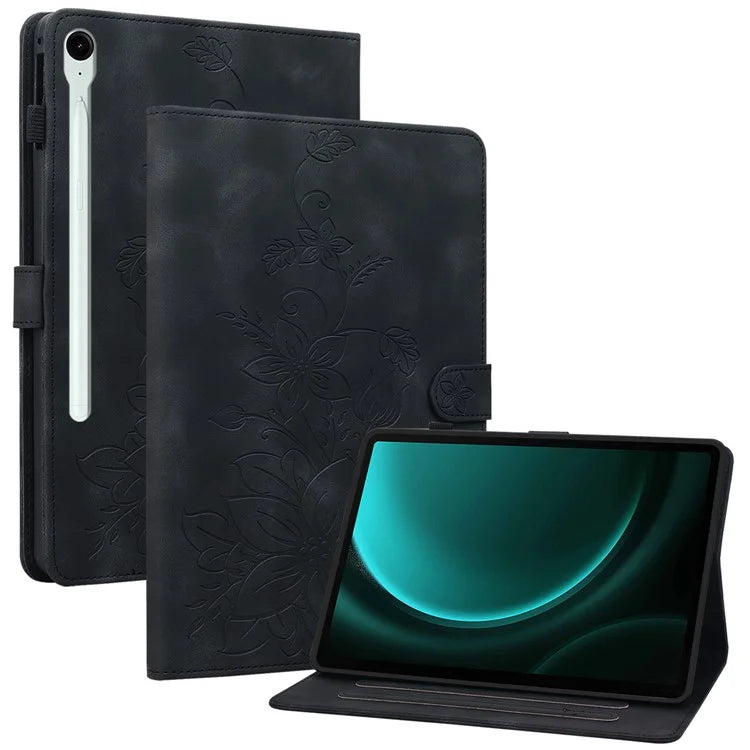 For Samsung Galaxy Tab S9 FE Leather Case Lily Flower Pattern Stand Protective Tablet Cover