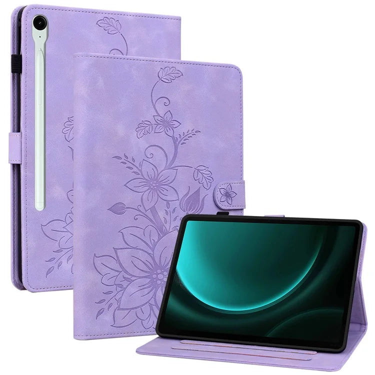 For Samsung Galaxy Tab S9 FE Leather Case Lily Flower Pattern Stand Protective Tablet Cover