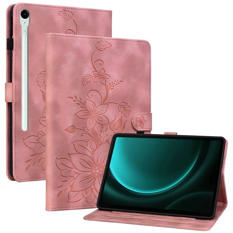 For Samsung Galaxy Tab S9 FE Leather Case Lily Flower Pattern Stand Protective Tablet Cover