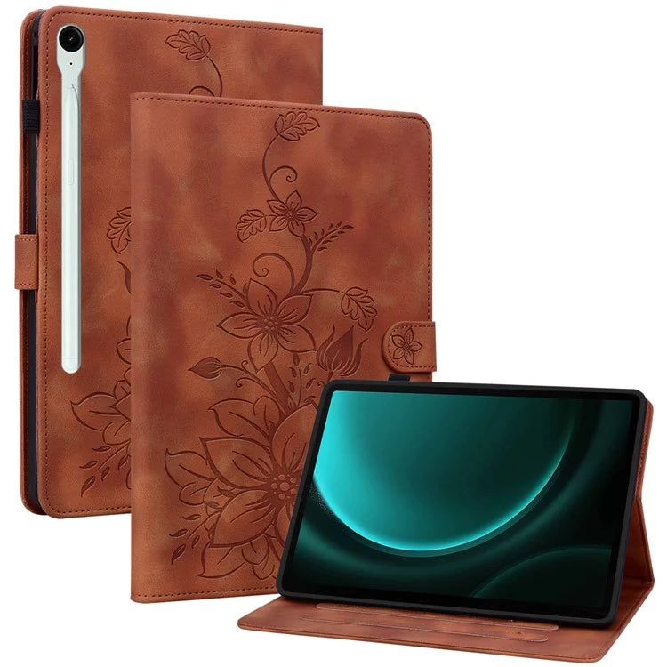 For Samsung Galaxy Tab S9 FE Leather Case Lily Flower Pattern Stand Protective Tablet Cover