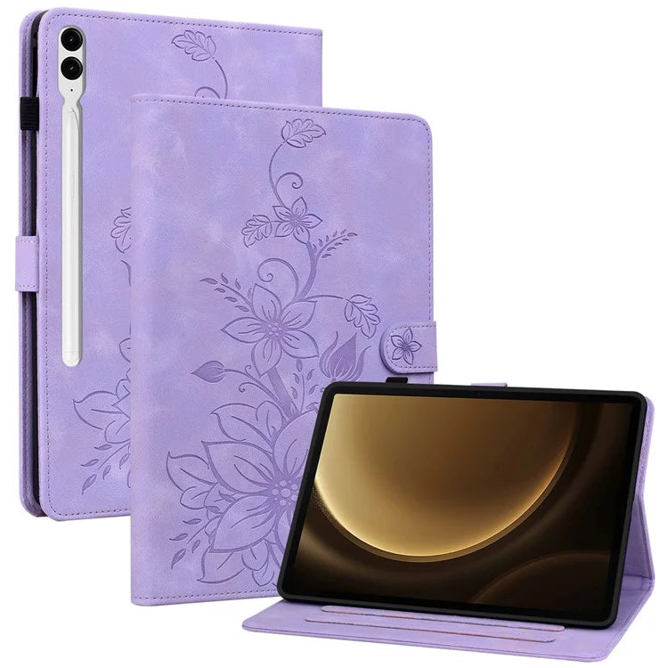 For Samsung Galaxy Tab S9+ / S9 FE+ Card Slots Case Lily Flower Imprint PU Leather Tablet Cover
