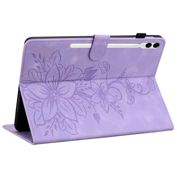 For Samsung Galaxy Tab S9+ / S9 FE+ Card Slots Case Lily Flower Imprint PU Leather Tablet Cover