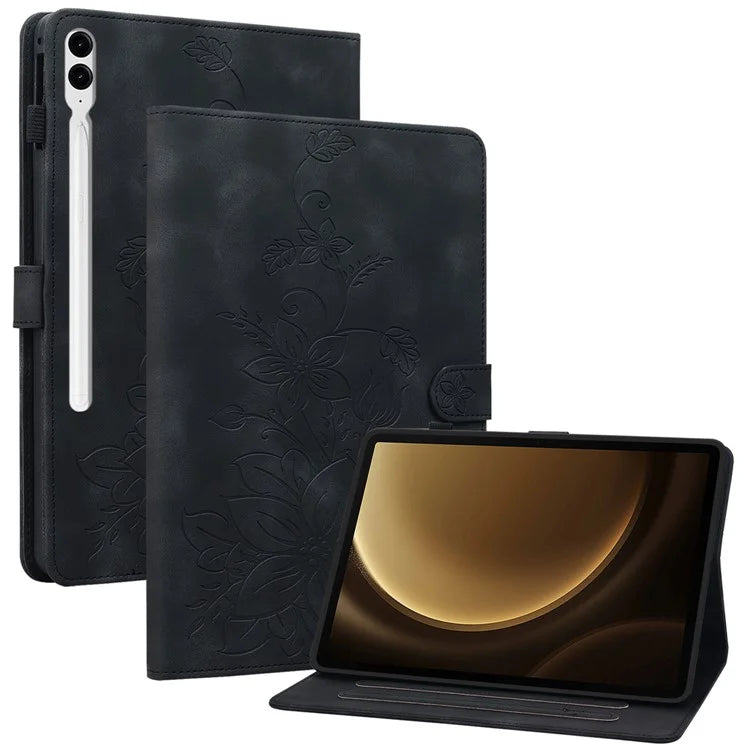 For Samsung Galaxy Tab S9+ / S9 FE+ Card Slots Case Lily Flower Imprint PU Leather Tablet Cover