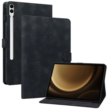 For Samsung Galaxy Tab S9+ / S9 FE+ Card Slots Case Lily Flower Imprint PU Leather Tablet Cover
