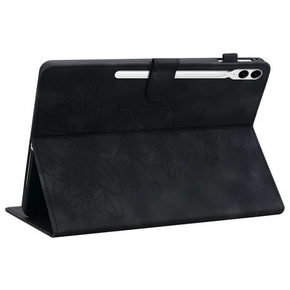 For Samsung Galaxy Tab S9+ / S9 FE+ Card Slots Case Lily Flower Imprint PU Leather Tablet Cover