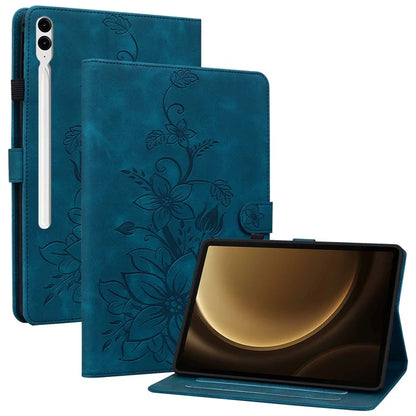 For Samsung Galaxy Tab S9+ / S9 FE+ Card Slots Case Lily Flower Imprint PU Leather Tablet Cover