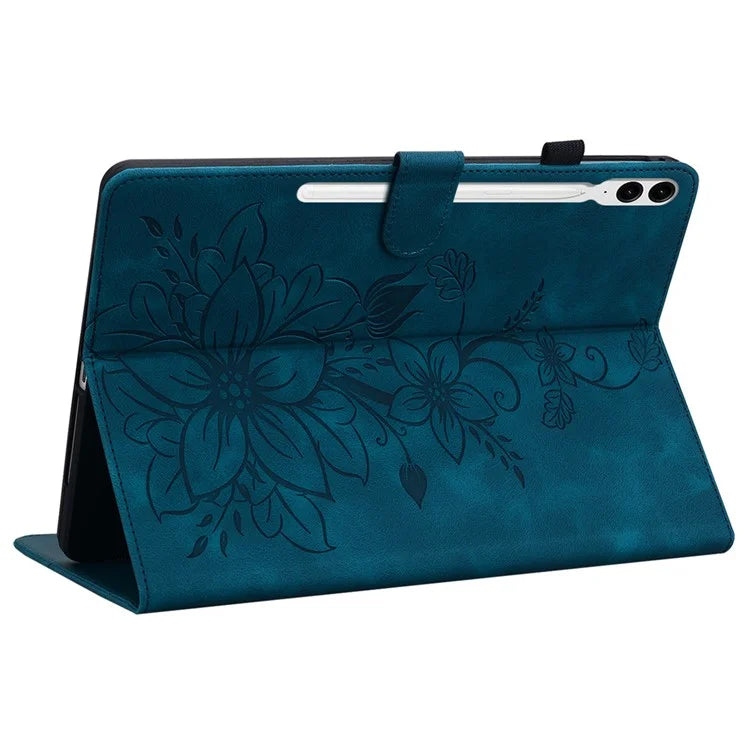 For Samsung Galaxy Tab S9+ / S9 FE+ Card Slots Case Lily Flower Imprint PU Leather Tablet Cover