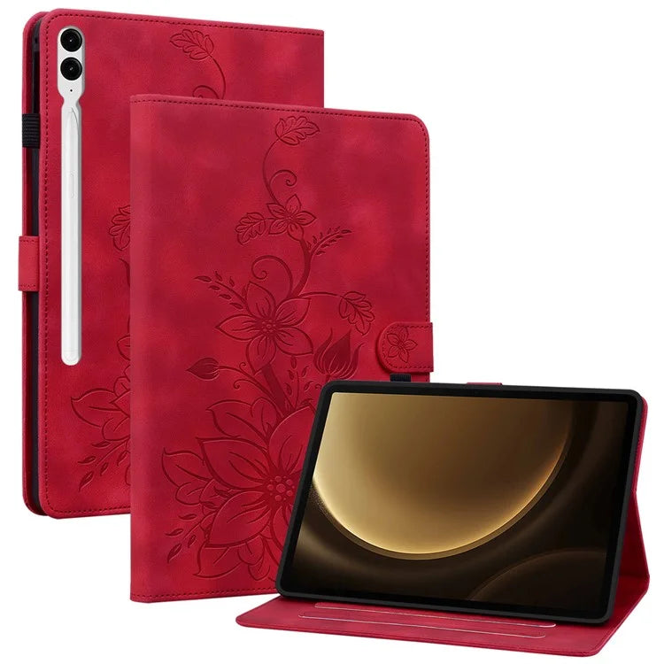 For Samsung Galaxy Tab S9+ / S9 FE+ Card Slots Case Lily Flower Imprint PU Leather Tablet Cover