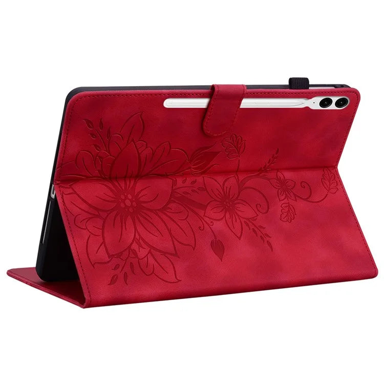 For Samsung Galaxy Tab S9+ / S9 FE+ Card Slots Case Lily Flower Imprint PU Leather Tablet Cover