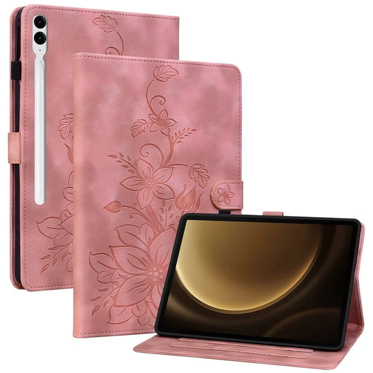 For Samsung Galaxy Tab S9+ / S9 FE+ Card Slots Case Lily Flower Imprint PU Leather Tablet Cover