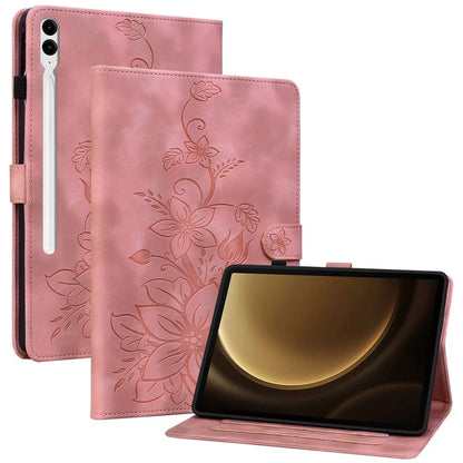 For Samsung Galaxy Tab S9+ / S9 FE+ Card Slots Case Lily Flower Imprint PU Leather Tablet Cover
