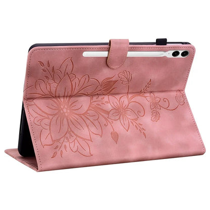 For Samsung Galaxy Tab S9+ / S9 FE+ Card Slots Case Lily Flower Imprint PU Leather Tablet Cover