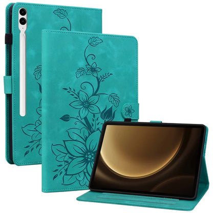 For Samsung Galaxy Tab S9+ / S9 FE+ Card Slots Case Lily Flower Imprint PU Leather Tablet Cover